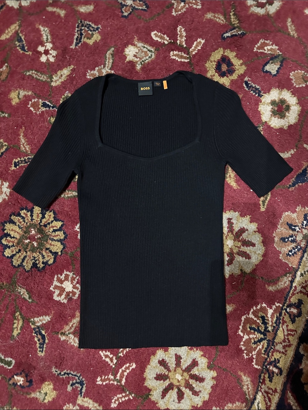 BOSS Black Ribbed Square Neck Short Sleeve Top
